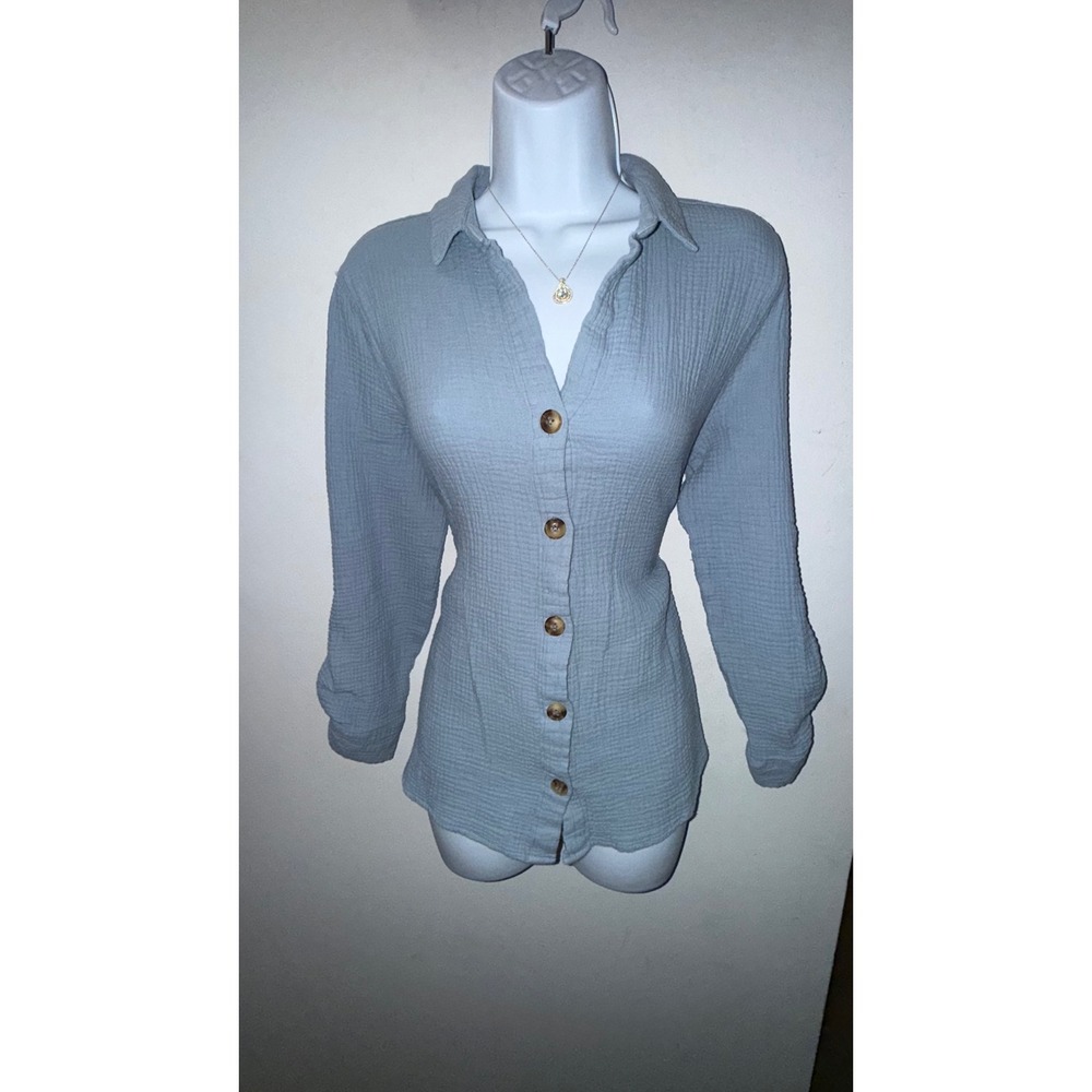 Coastal Comfort Womens Blue Gauze Button Down Shirt Long Sleeve Blouse Size M
